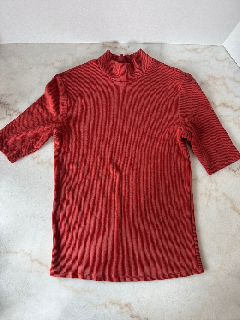 Marine Layer Ribbed Mock Neck Short Sleeve Top - Coral Red